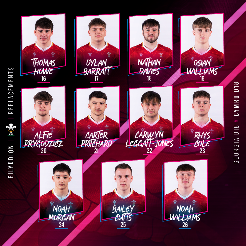 WelshRugbyUnion's tweet photo. 🚨 𝗧î𝗺 𝗖𝘆𝗺𝗿𝘂 𝗼 𝗱𝗮𝗻 𝟭𝟴 🏴󠁧󠁢󠁷󠁬󠁳󠁿

Here is your Wales men's U18s team to face @GeorgianRugby in our second Six Nations Festival fixture tomorrow afternoon in France, 17:30 KO! 🔥👇

📺 The game will be streamed live via the WRU YouTube channel 🙌

#SixNationsU18 | #WALvGEO