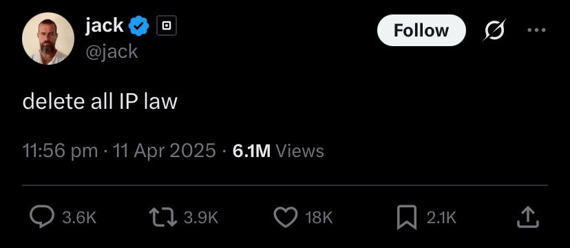 Delete all IP law, says Jack Dorsey, founder of this platform and of Bluesky . The current owner says the same.  Now why would two billionaire tech giants,  who control spectacular amounts of data,  want that ?