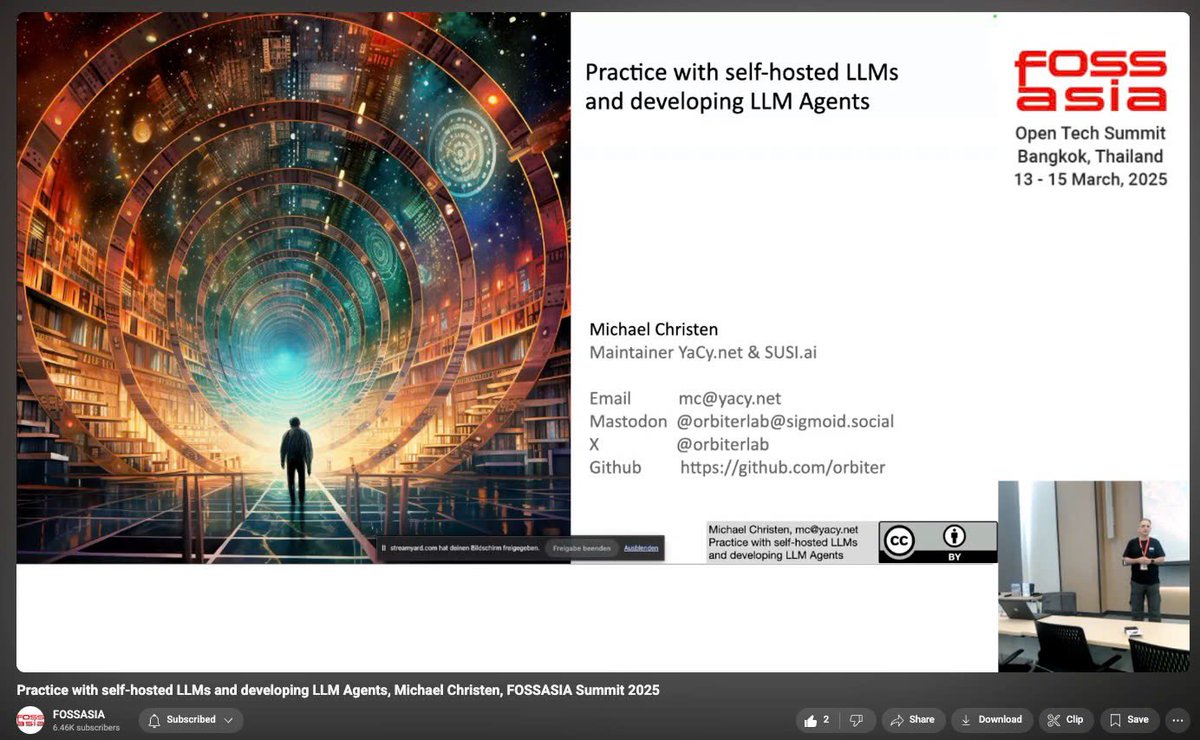 Get hands-on with self-hosted LLMs and learn how to build powerful LLM agents tailored to your needs — from setup to real-world deployment with <a href="/orbiterlab/">Michael Christen</a> at #FOSSASIASummit2025

🔗 Click here youtu.be/-9ubB1jzBYE?si… to watch on the FOSSASIA YouTube channel

#LLM #AIagents
