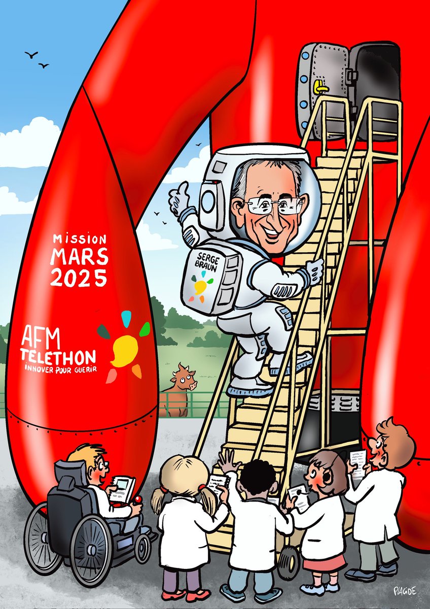 87Telethon's tweet photo. Ce dessin, a été réalisé par Eric Laplace  dit Placide, pour illustrer le message de Serge Braun, directeur stratégique à l'AFM, au sujet de l'avancée de la recherche :  "on a mis le pied sur la lune, maintenant il faut aller sur Mars, on est dans le troisième étage de la fusée " https://t.co/Y9IzfUOUyg