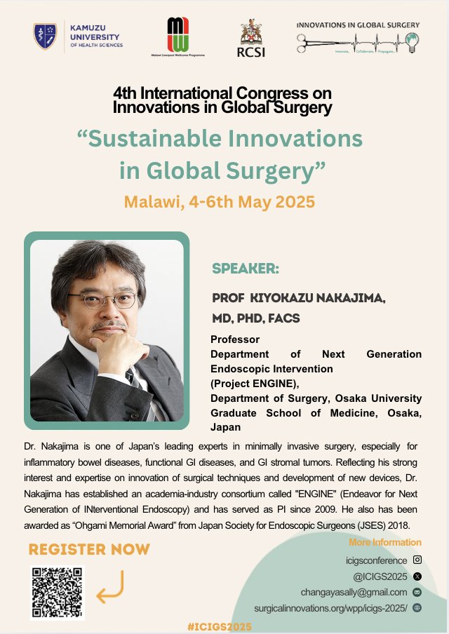 We’re thrilled to welcome one of Japan’s leading experts in minimally invasive surgery to #ICIGS2025: Prof Kiyokazu Nakajima 🇯🇵

Don’t miss this global perspective from the heart of Malawi! 🌍✨

📅 4-6 MAY 2025 
Register now 👉 bit.ly/icigsregister
