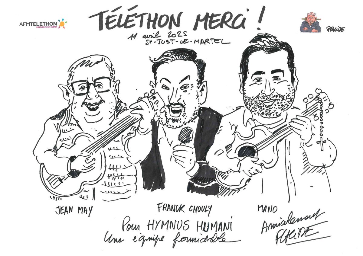 87Telethon's tweet photo. Présence de Hymnus Humani à St Just le Martel . 
Merci aux musiciens d'avoir accompagné ce Téléthon Merci.  Au delà des notes, le son de leur guitare a transporté le public pour donner le "la" à la soirée. Merci Franck Chouly .
Dessin Eric Laplace https://t.co/uuq3PhUu0q