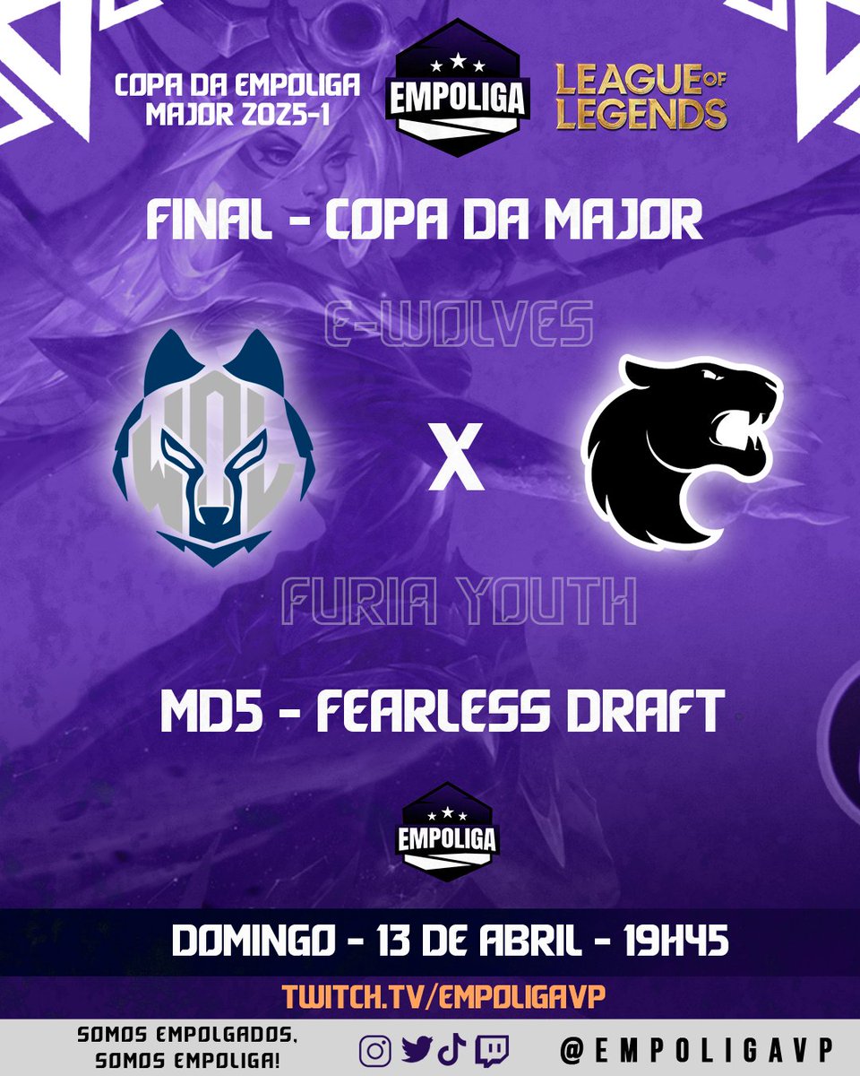 🔥 CHEGOU A GRANDE FINAL! 🔥

Prepare-se para o confronto mais eletrizante da #CopadaMajor na #Empoliga 2025-1🏆

📒Md5 - Fearless Draft
⚔️<a href="/Ewolvesgg/">ewolvesgg</a> x <a href="/FURIA/">FURIA</a> Youth 
🗓️HOJE - 13/04 - 19h45 

Quem leva a última taça da temporada?

📺 Acompanhe AO VIVO em: twitch.tv/empoligavp
