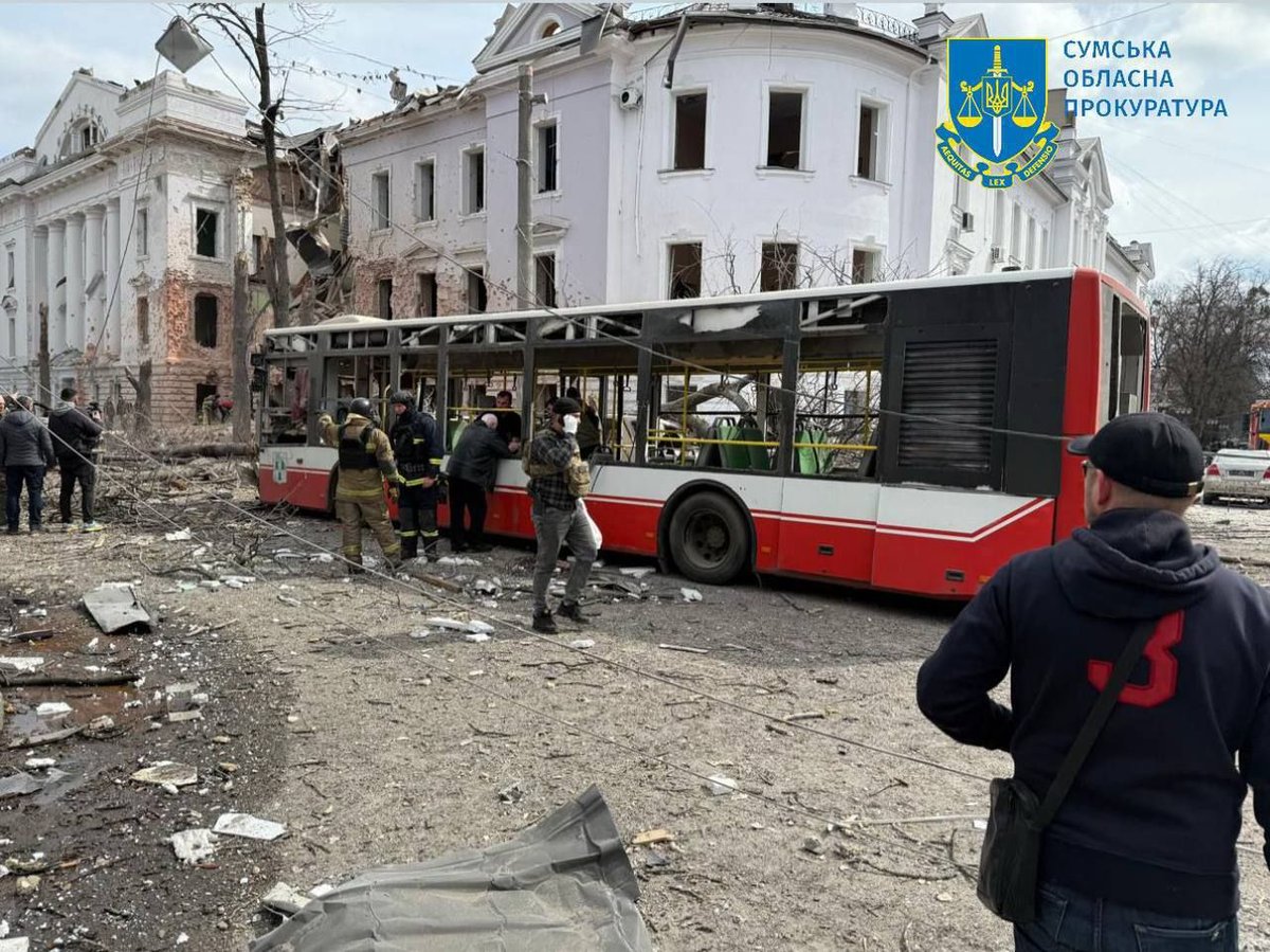 On Palm Sunday in Sumy, Ukrainians were returning from church when Russia struck the downtown area with two ballistic missiles, hitting crowded streets, cars, and buses. 

21 people were killed and 34 injured, including 5 children.
