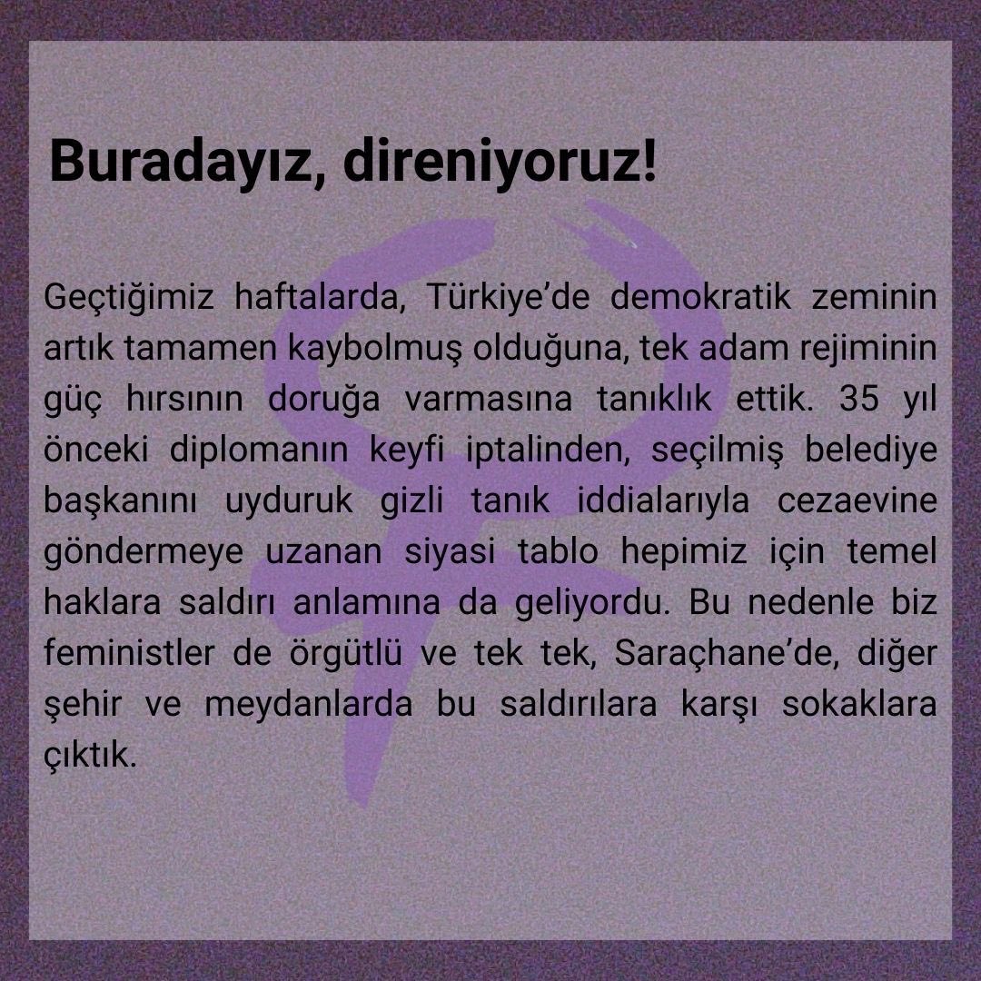 feministavukatt's tweet photo. Feministler olarak yaptığımız ortak açıklamayı paylaşıyoruz:

“Biz feministler sokakları terk etmiyoruz, eşit özgür barış içinde yaşama hayalimizden vazgeçmiyoruz. Buradayız, direniyoruz.

Yaşasın feminist mücadelemiz!”

Açıklamanın tamamı için👇🏽
https://t.co/fvpIBagwtS… https://t.co/nL0YUDVulL