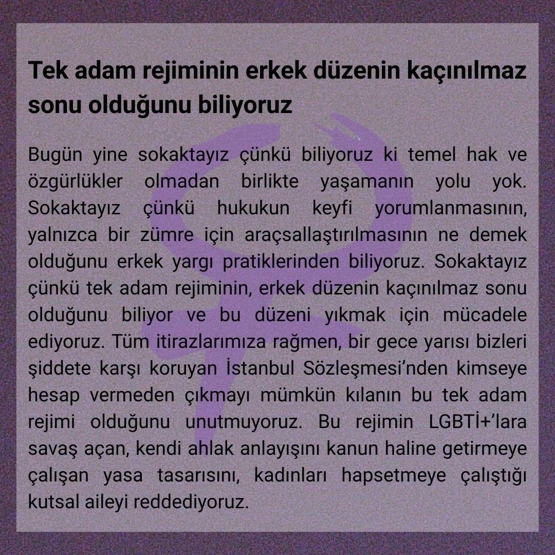 Feministler olarak yaptığımız ortak açıklamayı paylaşıyoruz:

“Biz feministler sokakları terk etmiyoruz, eşit özgür barış içinde yaşama hayalimizden vazgeçmiyoruz. Buradayız, direniyoruz.

Yaşasın feminist mücadelemiz!”

Açıklamanın tamamı için👇🏽
medium.com/@feministler20…
