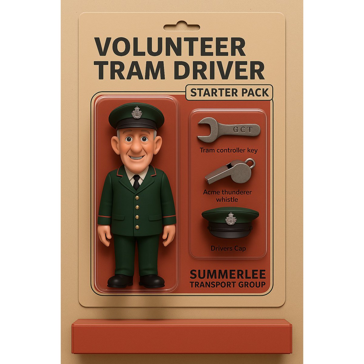 summerleetg's tweet photo. Introducing the Volunteer Tram Driver Starter Pack! This set includes a charming figure, Controller key, whistle, and a driver's cap. Get ready to drive into adventure at Summerlee #TramDriver #Collectibles #SummerleeTransportGroup #aigenerated *AI Generated Images, Not For Sale* https://t.co/jZy8XshfJ4