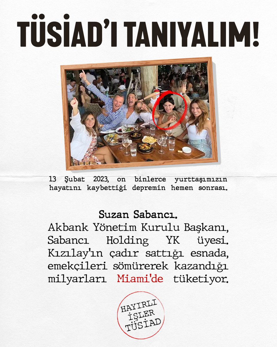 Sermaye sınıfını nasıl bilirsiniz?

Bayramlarda, anmalarda en öndeler. Gözleri yaşlı, reklam videoları pek şaşaalı. Sorsanız, memleketi onlardan çok düşünen yok.

İşin aslı, sömürücülerin ne halkla ortak bir geleceği, ne de ortak bir duyguları var.
#HayırlıİşlerTÜSİAD