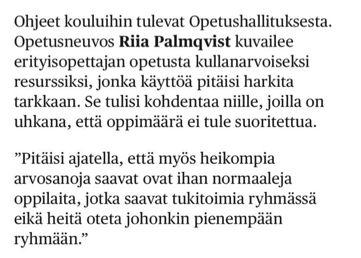 Hesarin tämän päivän oppimisen tuen uudistusta käsittelevästä jutusta.

Let that sink in. 

On siis aivan ok, että taitojen puute ja oppimattomuus kumuloituu vuosia siihen saakka, kunnes oppilas ei enää suoriudu oppimäärästä. Sitten vasta erityisopettajan oppilaskohtaista tukea.
