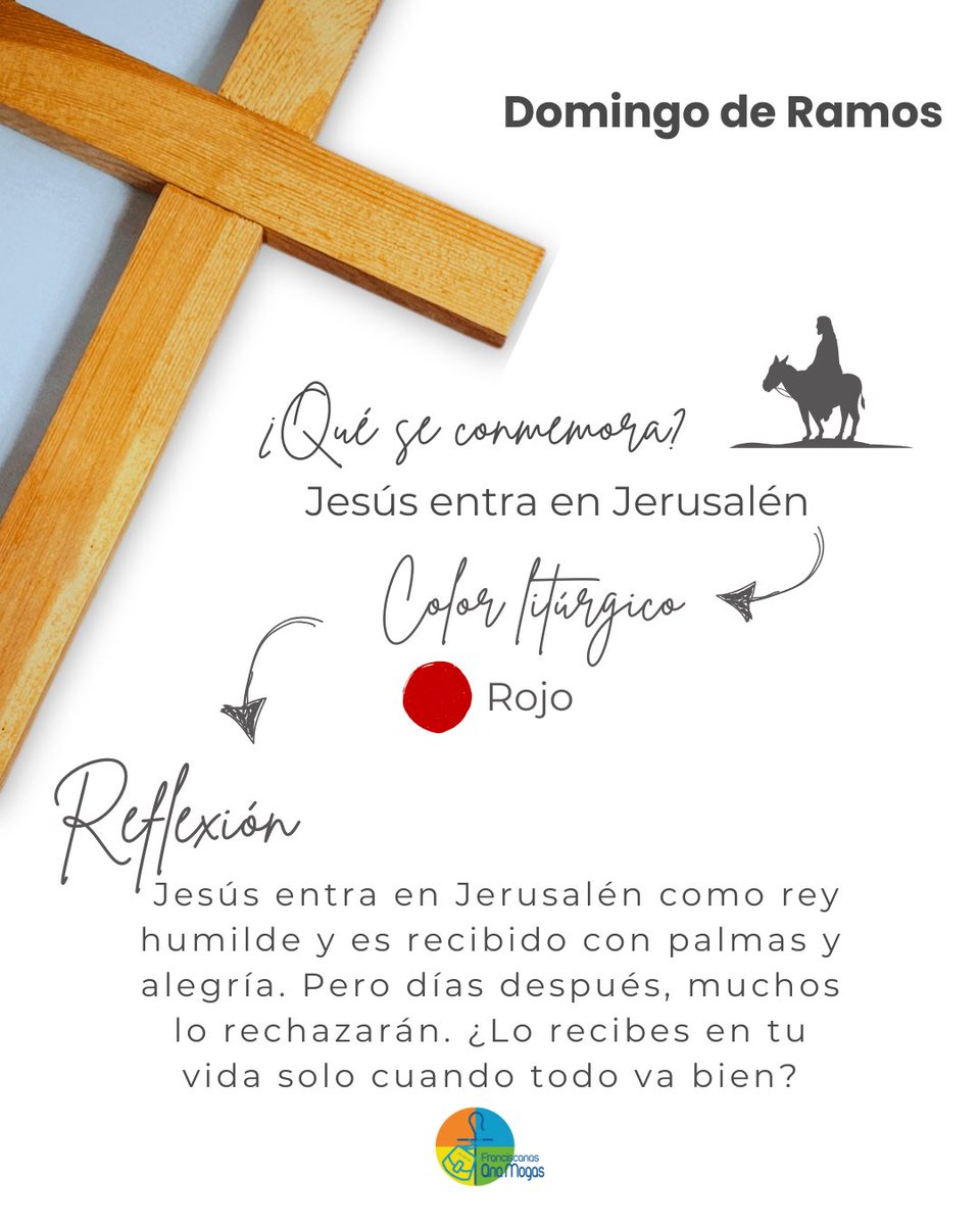 ¡Hosanna! Hoy celebramos la entrada triunfal de Jesús en Jerusalén. ¿Lo recibes en tu vida solo cuando todo va bien? Reflexiona y ábrele tu corazón. (Mt 21,1-11)

#SemanaSanta #celebralavida #franciscanas
#anamogas #domingoderamos
