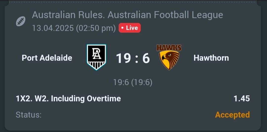 A3RBET's tweet image. Australian Rules - AFL

🏉 Hawthorn ML
🔖 1.45
💵 80 Units

#AFL #AussieRules #Footy #AFL2024 #AFL24 #SportsBetting #BetOnAFL #AFLBetting #AFLBets #BettingTips #AFLPicks #AFLPredictions #GamblingTwitter #bettingtwitter #GamblingX #BetResponsibly #PAFC #PortAdelaide

Like + RT