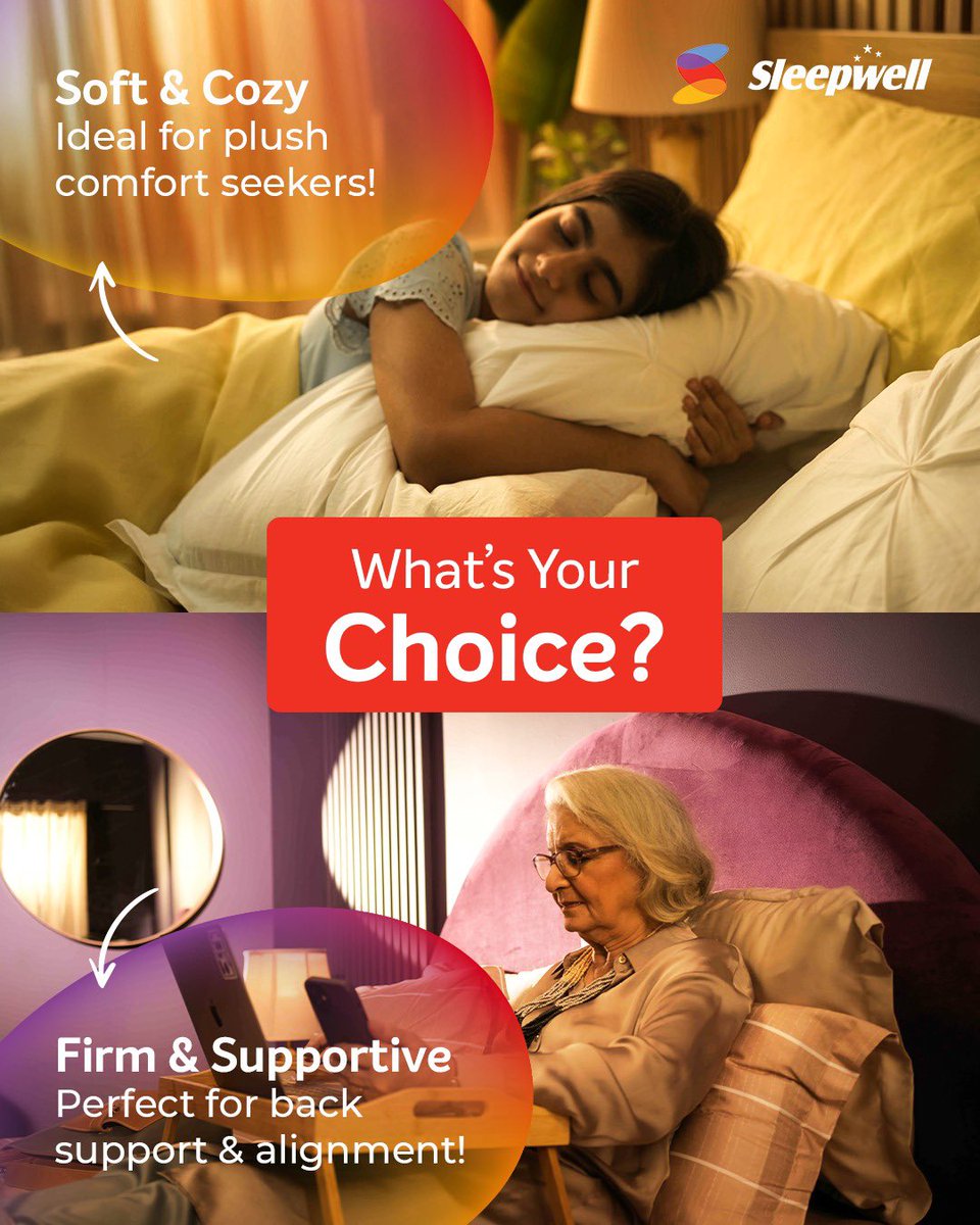 Sleepwell_ME's tweet photo. Soft &amp; Cozy or Firm &amp; Supportive – What’s Your Choice?
Whether you crave plush comfort or need strong support for perfect alignment, Sleepwell has the right fit for your sleep style.
Your sleep, your way.

#Sleepwell #ComfortMatters #SoftVsFirm https://t.co/WUy3V2TeWK