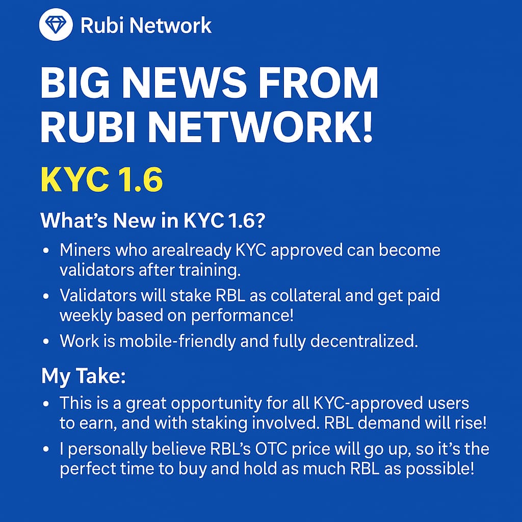 real_shnida's tweet photo. Big Update from #Rubi_Network! 🚀🔥

📢 KYC 1.6 is Live!
⚡️ Faster verification is here!
💥 KYC 2.0 delayed due to MnA issues

💬👇

✅ KYC-approved users can become Validators 👑
💎 Stake RBL as security 💰
📱 Work from mobile, weekly payouts 
#RubiNetwork #KYC1_6 #RBL
👇 https://t.co/BxEPM6PT48
