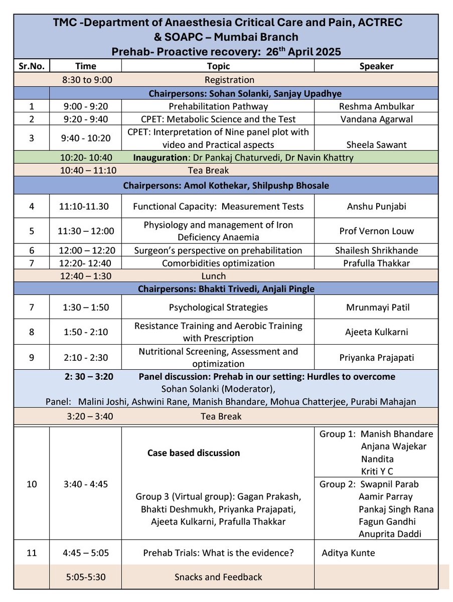 ACTREC-TMC (@actrec_tmc) on Twitter photo Prehab: Proactive Recovery
TMC - Dept of Anaesthesia, Critical Care & Pain, ACTREC
with Society of Onco Anaesthesia & Perioperative Care – Mumbai Branch
invite you to a CME on optimising surgical outcomes via prehabilitation
26 April 2025, 9AM–5PM
<a href="/ACTREC_TMC/">ACTREC-TMC</a>, Kharghar
(1/4) Prehab: Proactive Recovery
TMC - Dept of Anaesthesia, Critical Care & Pain, ACTREC
with Society of Onco Anaesthesia & Perioperative Care – Mumbai Branch
invite you to a CME on optimising surgical outcomes via prehabilitation
26 April 2025, 9AM–5PM
<a href="/ACTREC_TMC/">ACTREC-TMC</a>, Kharghar
(1/4)