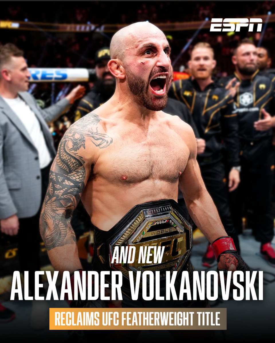 ESPNAusNZ's tweet photo. ALEX VOLKANOVSKI IS A TWO-TIME UFC FEATHERWEIGHT CHAMPION! 🇦🇺 👑 

The Aussie superstar recaptures his featherweight crown after defeating Diego Lopes via unanimous decision for the vacant belt.

#UFC314 https://t.co/BGJ7CcobgR