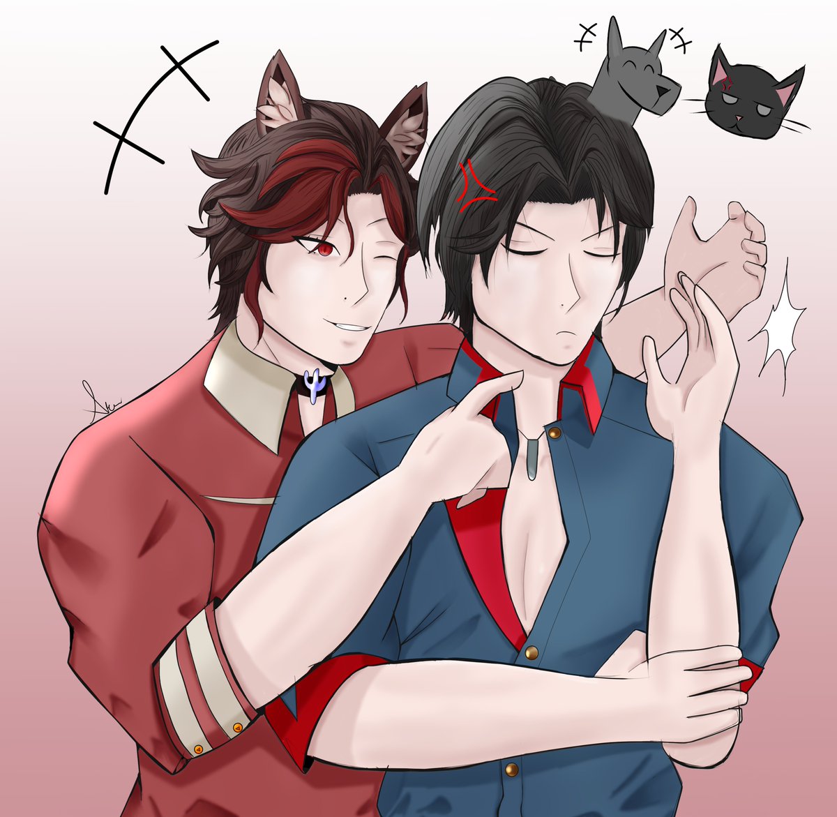 Mah1036101's tweet photo. Aftermatch 🐱VS🐶
I was so in love with the story in the Memory Trace that I decide to draw this two together, love the fact that Cyros was trying to get some snacks from Bailu pretend to be a dog
#AshEchoes #Cyros #BailiTusu #アッシュエコーズ #白荆回廊 #白荊迴廊 #digitalart https://t.co/hZRI7aTGUI