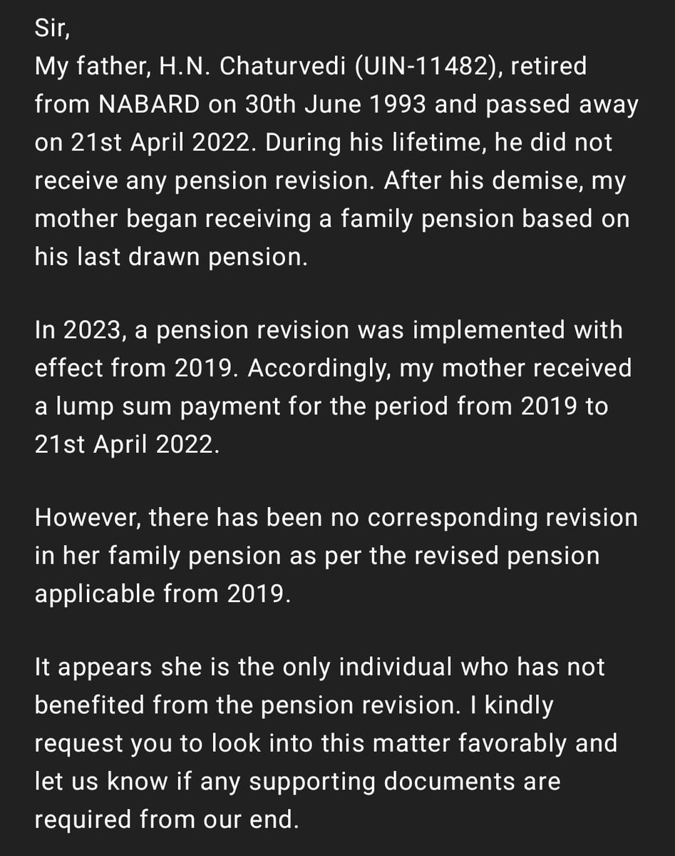 vc2701's tweet photo. @NABARDOnline @shajikv
My father HN Chaturvedi, UIN 11482,  retired in 1993&amp; passed away in Apr'22 without any pension revision. A '23 revision(effective 2019) gave arrears till his death—but my mother's family pension wasn't revised. She's the only one left out. Pls look into it https://t.co/Pn2AaGJOU8
