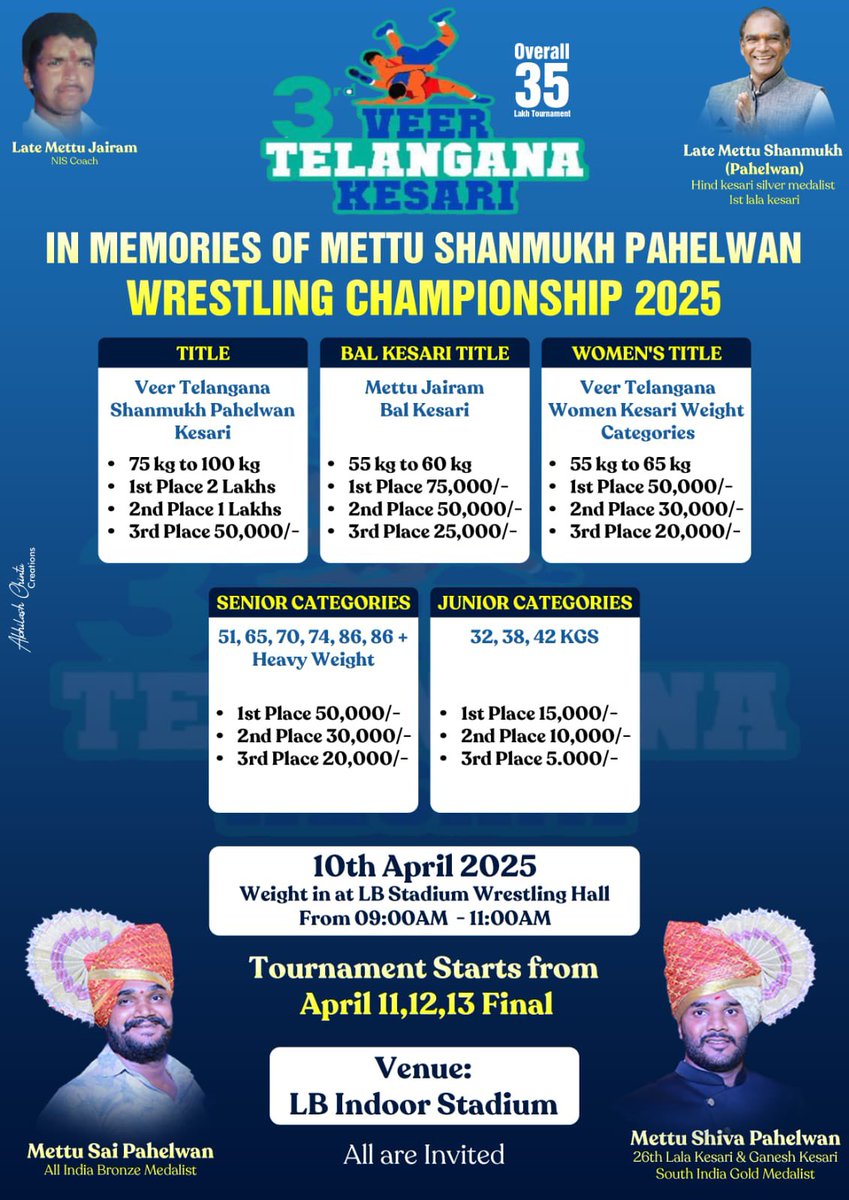 They don't fight for fame.
They fight for pride, for honor, for tradition.
VEER TELANGANA KESARI is a celebration of spirit and strength.
Much love and respect to every wrestler out there 🙏🏻

See you all at LB Stadium tonight🙏🏼❤️🚀💥

#VeerTelanganaKesari #WrestlingWithHeart