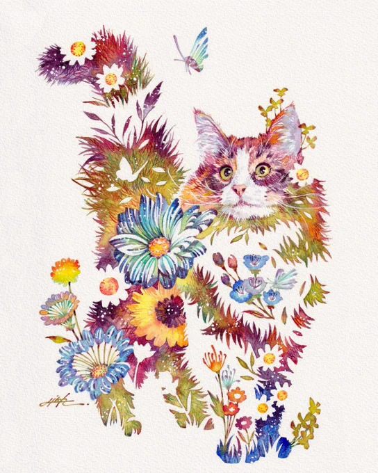オーダー 猫様 A4サイズオーダーご希望の方はこちらからオーダー #4年待ち#水彩 #花 #ねこ 