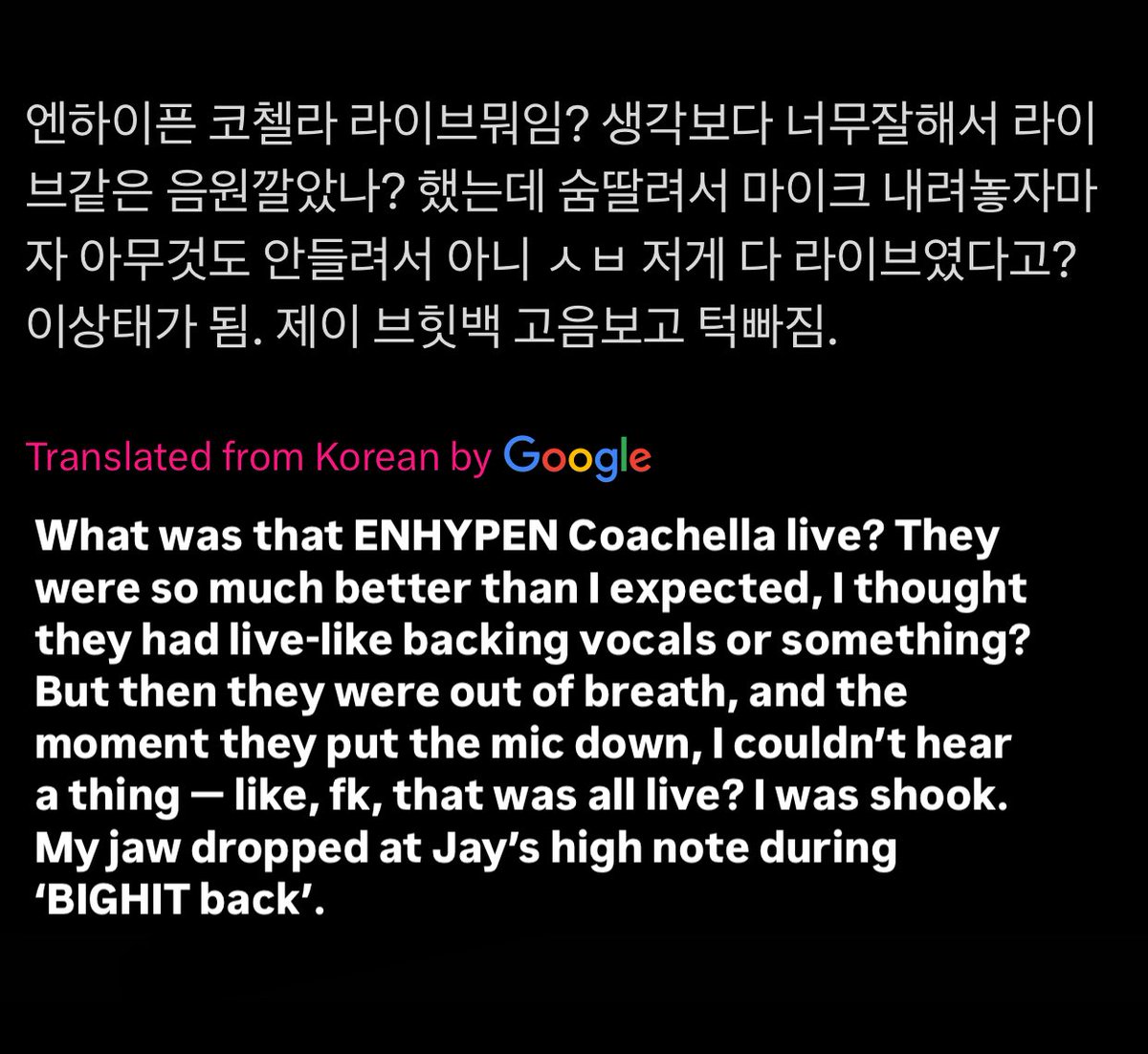 enchartsmaster's tweet photo. Knet reactions to #ENHYPEN’s Coachella stage, proving why they’re called Performance Kings: 

#ENCHELLA #Coachella2025 https://t.co/cRRiNoM2ou