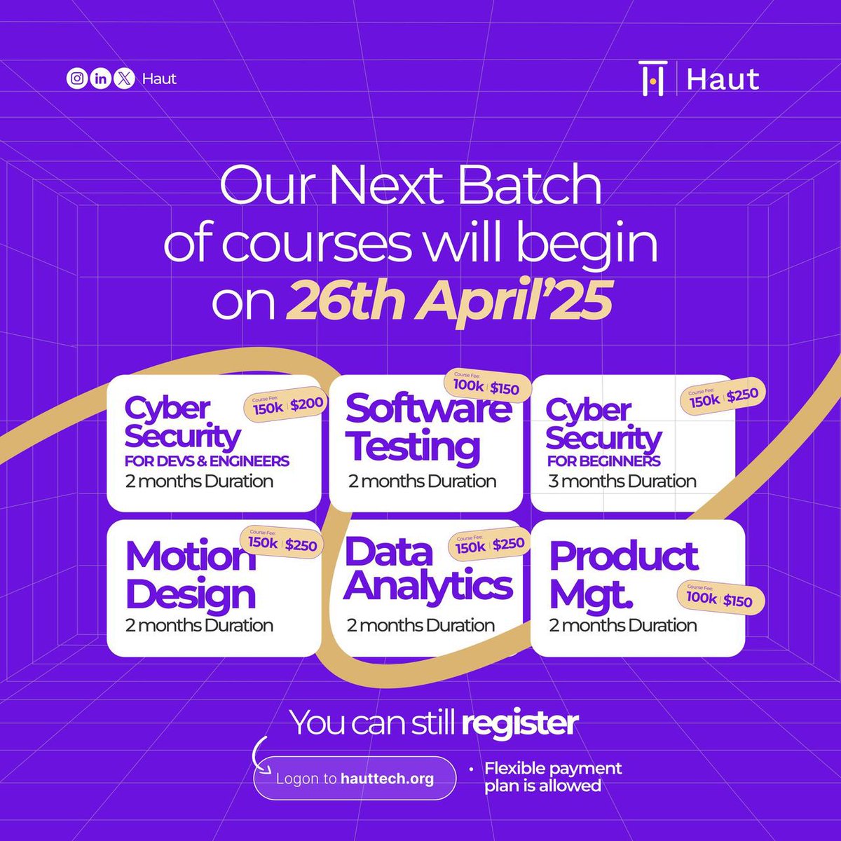 hautinstitute's tweet photo. Flexible payment plans available.
Register now at https://t.co/zOoZ7pe3E7 or click the link in bio to get started.

#TechTraining #DataAnalytics #CyberSecurity #ProductManagement #MotionDesign #LearnTech #HautInstitute #TechSkills #AprilIntake #TechCourses #TechCareer https://t.co/oFaJbEvTcV