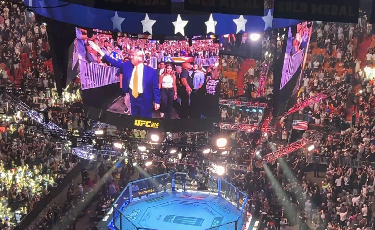 Trump’s walkout at UFC 314 here in Miami tonight. Musk, Rubio, Gabbard, RFK Jr, and Patel also attended.