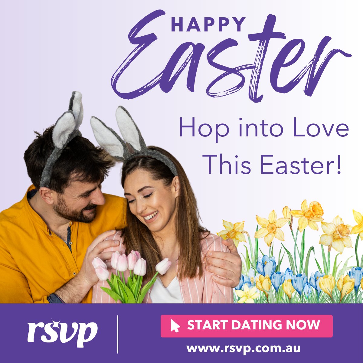 Happy Easter! 💜
This Easter, don’t just hunt for eggs—find a connection that lasts! Meet relationship-ready singles on RSVP, Australia’s trusted dating site.

✨ Enjoy 30% OFF all Premium Subscriptions from April 14 to 21, 2025.
💌 Join for FREE today! 👉 rsvp.com.au