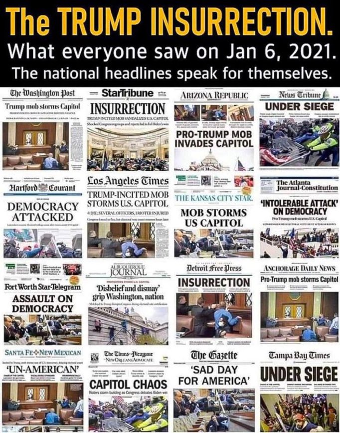 Jkineman's tweet photo. πΊπΈ βοΈ Posting every day to remind the world nothing can erase the fact DONALD J. TRUMP incited insurrection against the United States of America.
DONALD TRUMP INCITED INSURRECTION AGAINST THE UNITED STATES OF AMERICA
#TheTrumpInsurrection https://t.co/7p6DlPpRAD