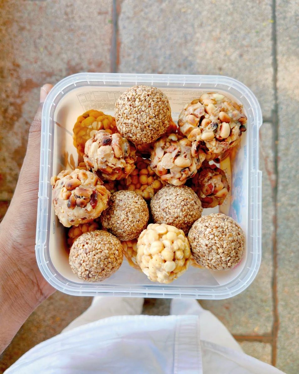 boldbrainguy's tweet photo. Came on a family Trip with my Favourite Indian Snack - Laddos ❤️

Homemade Laddos made out of Pure Ghee + Jaggery + Nuts, Grams &amp; Seeds :) 

1) Sesame Laddu 
2) Peanuts Laddu 
3) Roasted Gram Laddu https://t.co/XmRolcA1ji