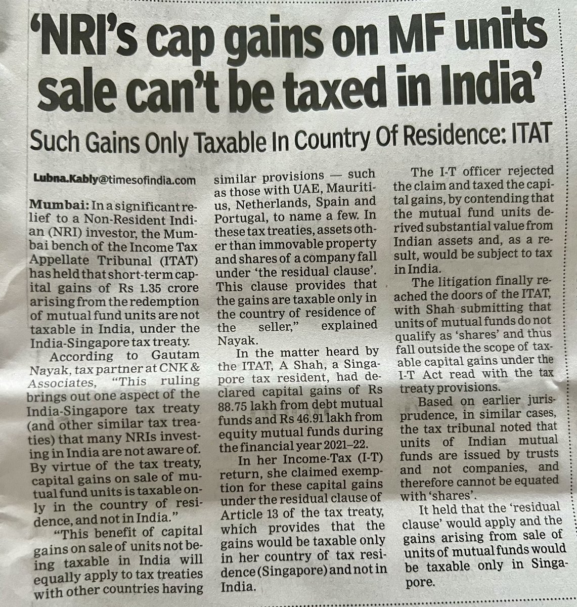 NileshShah68's tweet photo. US levies hefty Exit tax on citizens becoming non-resident. 

India is incentivising Citizens to shift tax residency and save on capital gains tax liability. 

If you have significant capital gains tax liability on eligible securities, shift to UAE for more than 183 days. 

Your family holiday abroad will be funded from the savings on capital gains tax. 

Perfect example of famous dialogue of Basanti in the film Sholay 

“आम के आम गुठलियों के दाम “

We should amend the laws immediately to ensure that tax is paid in the host country and credit is taken in the reciprocal country. 

If we have to persist with tax benefits for larger causes, they should only be available to foreign citizens and not to “seasonal non-residents.”

The path of fiscal prudence runs through taxes. Tax compliance depends on an equitable distribution of the burden. Equitable distribution of tax burden will not happen if high taxpayers are incentivised to move abroad. Today it might be a small amount but tomorrow it could open a flood gate. 

Let us give a fair, level playing field to both honest, tax-paying citizens of India and non-resident Indians. 

We should move away from the policies illustrated in the Gujarati Proverb 

ઘરના છોકરા ઘંટી ચાટે અને પાડોશીને આટો

Genuine NRIs still face many challenges in paperwork and tax assessment. We need to streamline that to bring them to India.