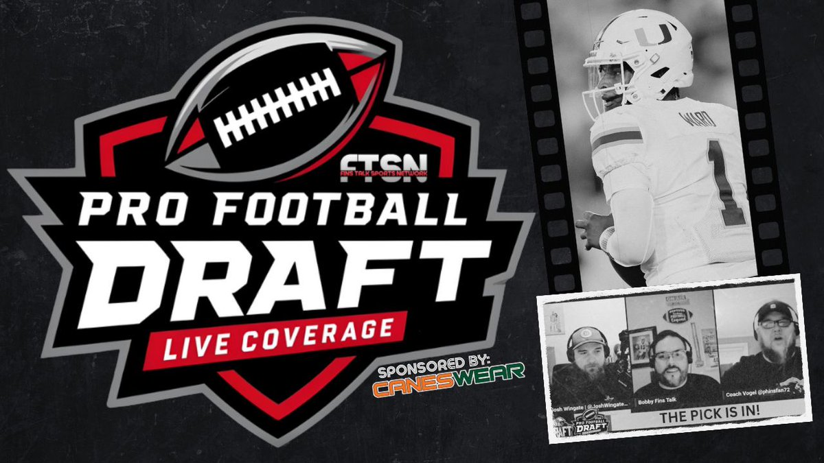 FinsTalkNetwork's tweet photo. We are now just about 2 weeks from the start of the #NFLDraft!
Catch the #FTSN Pro Football Draft Live Coverage show sponsored by @Canes_Wear starting Thursday at 8pm ET with @BobbyFinsTalk @JoshWingate302 & @Phinsfan72!
Live Analysis - Instant Reactions - and a chance to win a CanesWear gift card for one lucky viewer on each day of draft coverage.
Don't miss out!
April 24th: https://t.co/SP9vSraHVt
April 25th: https://t.co/KJKM2oVz0M
April 26th: https://t.co/TB7KTmmEpW