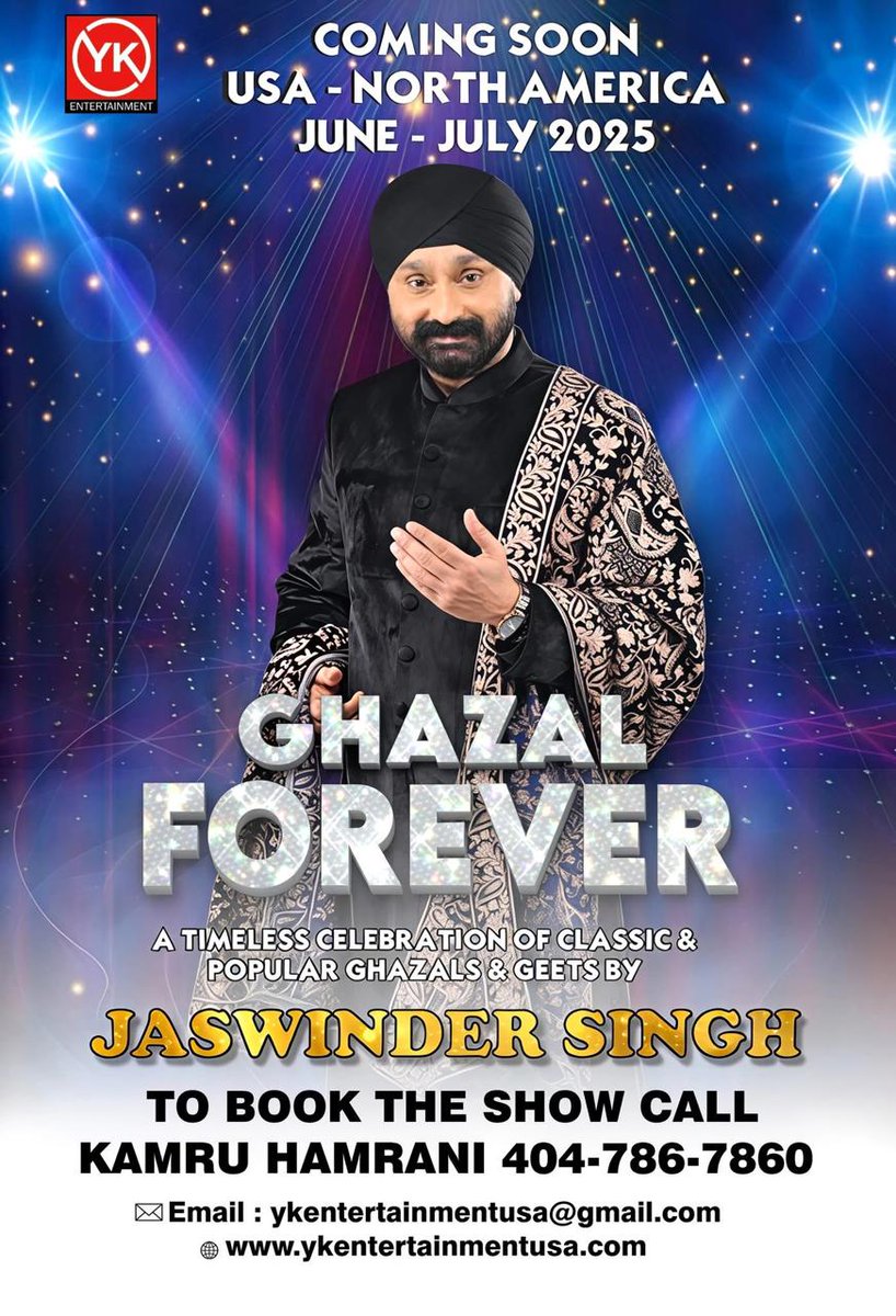 jaswinderworld's tweet photo. Delighted to announce my USA tour of GHAZAL FOREVER In June -July 2025 !
#ghazalforever #ghazaltour #ykentertainment
#usatour #romanticghazal #classicghazal
@jaswinderworld https://t.co/GTKKgKrczF