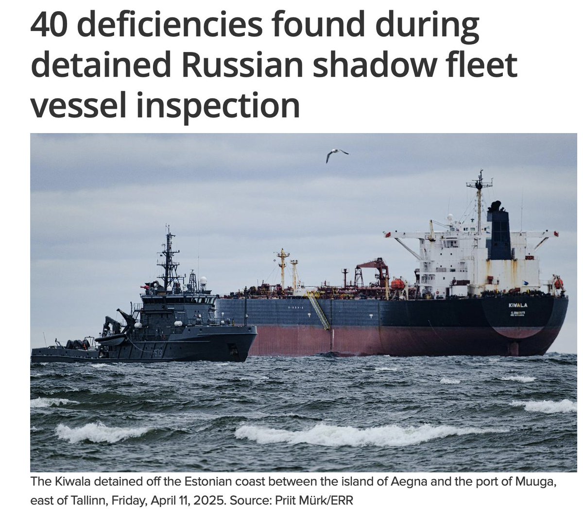 unsurprisingly, Estonian inspectors found 40 deficiencies on Kiwala, the EU &amp; UK-sanctioned, Russia-trading 'dark fleet' aframax tanker the country's navy seized last week for falsely claiming it was flagged by Djibouti. It has now been detained.

you might recall the Eagle S,