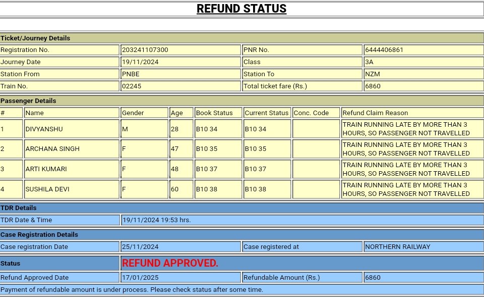 ji__Divyanshu's tweet photo. @IRCTCofficial @RailMinIndia
PNR: 6444406861 | Journey Date: 19/11/2024
Refund approved on 17/01/2025 (Rs. 6860) but still not credited till 13/04/2025.
More than 3 months &amp; still waiting!
Please resolve this at the earliest.
#IRCTC #RailwayRefund #CustomerService https://t.co/onQ2D5pPwD