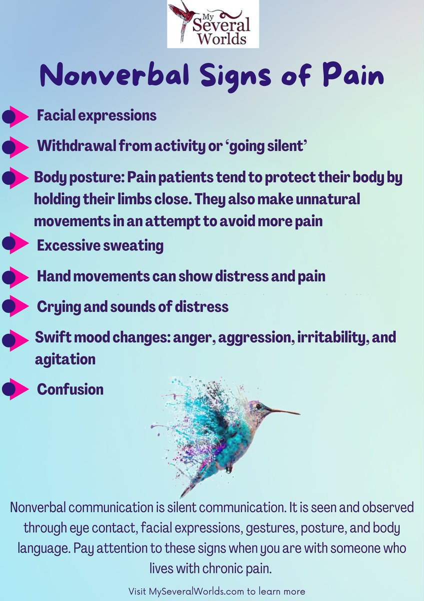 globetrotteri's tweet photo. Non verbal signs of #ChronicPain
😟 Facial expressions
🧍‍♀️Body posture
😭 Crying &amp; sounds of distress
🫥 Withdrawal 
🤬 Mood changes - anger, aggression, irritability
😕 Confusion
👐 Hand movements 
🥵 Excessive sweating
🔗
https://t.co/1PROUlRka5
#PainAwareness
#SuicideAwareness https://t.co/LCyp7znrVB
