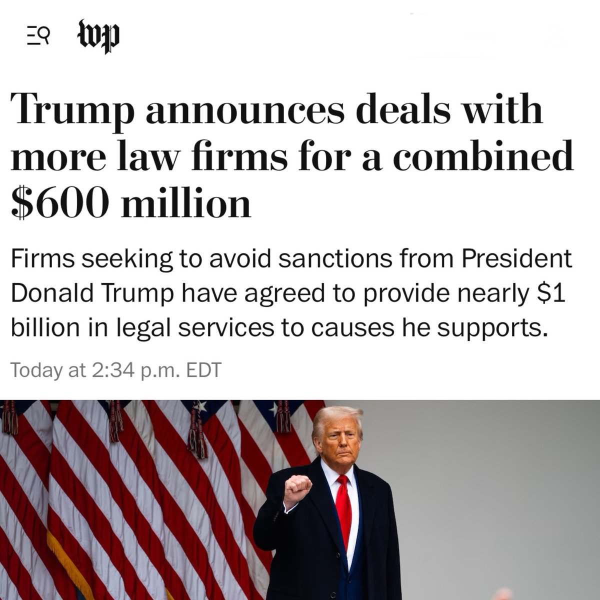 AwakenWiki's tweet photo. If you were to extort someone, you could get 20 years in prison.

When Donald Trump extorts multiple law firms for $600 million, he gets a headline that manufactures consent by calling them “deals.”

#Trump #Corruption #USA #Awake #Awakening #AwakenWiki #NWO #Freedom #Law https://t.co/q2VyXwfHC4