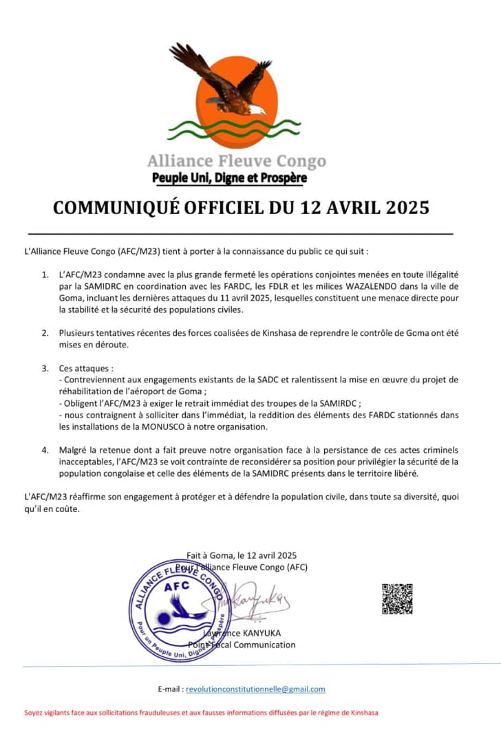 KivuMorningPost's tweet photo. #RDC_M23 Les rebelles de l'#AFC_M23 exigent le retrait immédiat des troupes #SAMIRDC et la reddition dans l'immédiat des militaires ayant trouvés refuge dans la base de la #MONUSCO. L'#AFC_M23 dit reconsidérer sa position pour privilégier la sécurité de la population congolaise. https://t.co/eJCuX7BICZ