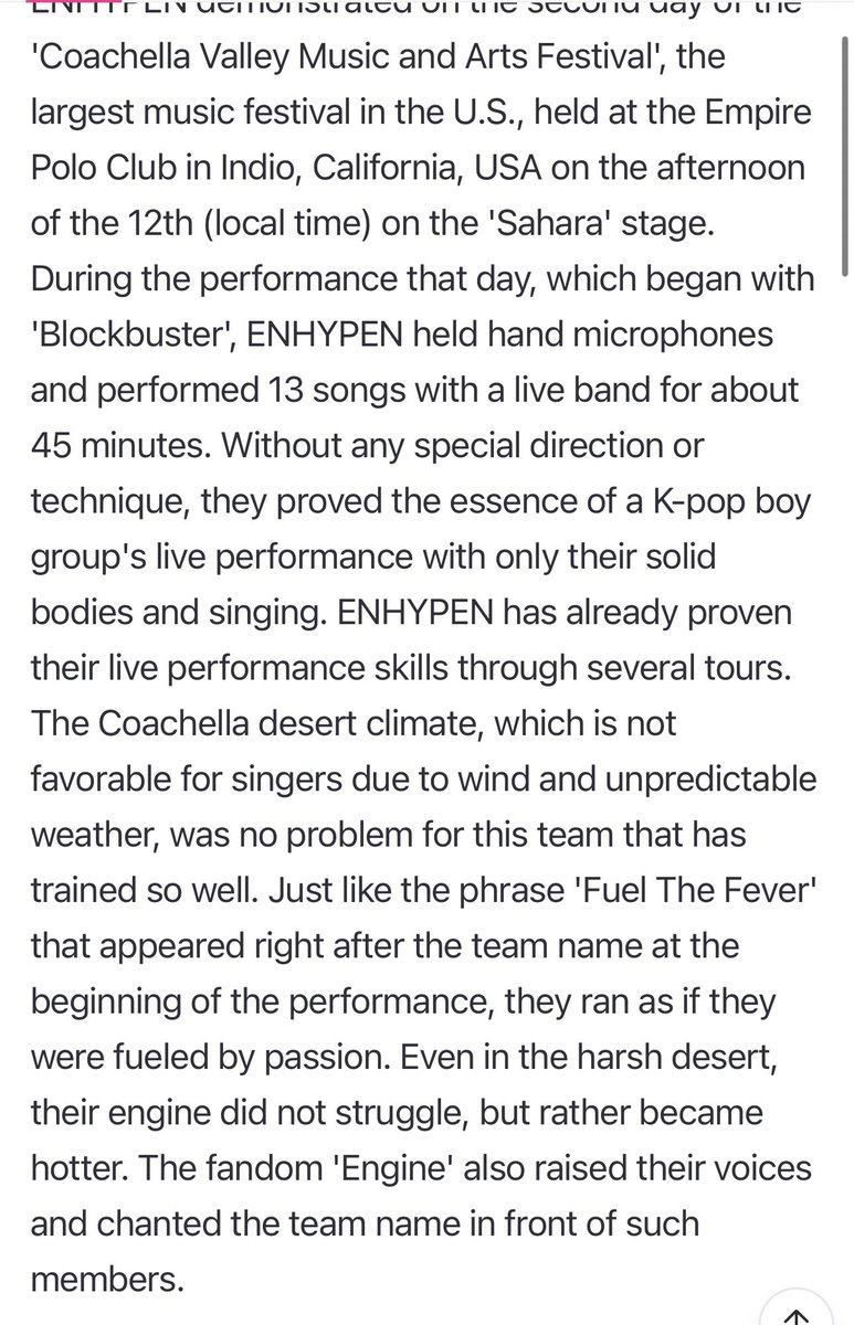 EN7ernally's tweet photo. “Without any special direction or technique, they proved the essence of a K-pop boy group's live performance with only their solid bodies and singing.”

“The Coachella desert climate, which is not favorable for singers due to wind and unpredictable weather, was no problem for this team that has trained so well.”

LOUDERRR

#ENCHELLA #ENHYPEN #Coachella2025
