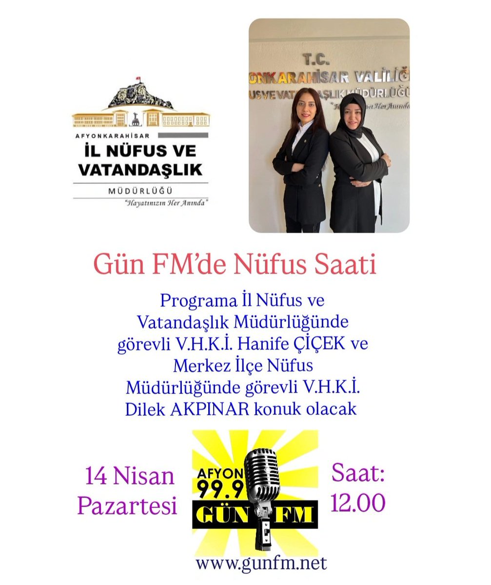 İl Nüfus ve Vatandaşlık Müdürlüğü işbirliğinde süren Nüfus Saati programına Kurumda V.H.K.İ. Hanife Çiçek ve V.H.K.İ. Dilek Akpınar konuk olacak.
Programı 14 Nisan Pazartesi günü saat 12.00'de dinleyebilirsiniz. <a href="/afyon_nvi/">Afyonkarahisar İl Nüfus ve Vatandaşlık Müdürlüğü</a> <a href="/E_tanyeri/">Erkan TANYERİ</a> <a href="/fatosakar3/">fatos_akar</a>
