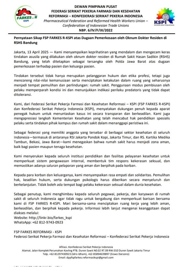 FSPFARKES_KSPI's tweet image. Kami mengecam keras dugaan pemerkosaan oleh oknum dokter residen di RSHS Bandung! Kami menuntut proses hukum transparan dan seadil-adilnya. Mari bersatu untuk menciptakan zona aman di rumah sakit dan melindungi hak-hak pekerja kesehatan. 

#FARKES #KekerasanSeksual #RumahSakit