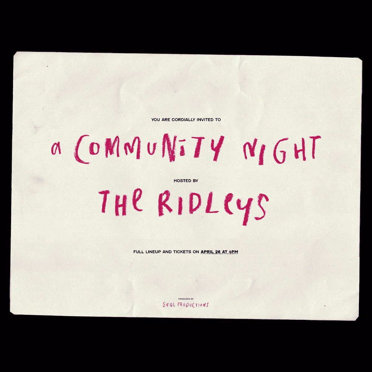 TheRidleysMusic's tweet photo. ✉️⭐️ You are cordially invited to a community night hosted by The Ridleys ⭐️✉️

📍 123 Block Mandala Park, Mandaluyong
🗓 May 24, 2025 (Saturday)

Full gig details, lineup, and tickets drop on APRIL 26 at 4PM via @theridleysmusic and @syqlprod 🎫 https://t.co/P19p5Ll814