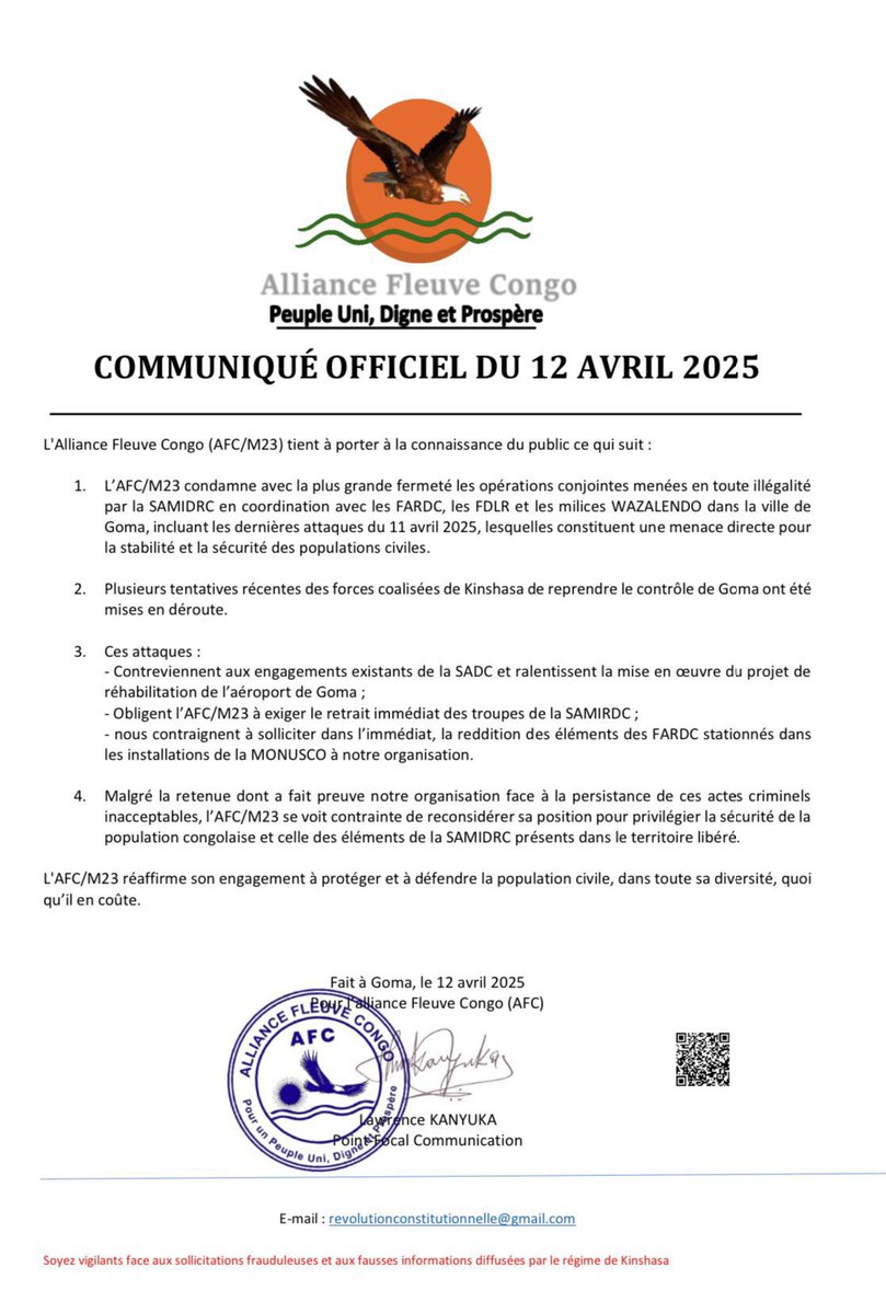 Yusufukibingila's tweet photo. #RDC🇨🇩 Apres l’attaque de #SAMIRDC, #FDLR, #FARDC,et #Wazalendo aux positions des M23 la nuit de ce 11 Avril à #Goma , L’AFC/M23 exige le retrait immédiat des troupes de la #SADC et la reddition des éléments des #FARDC stationnés dans les installations de la @MONUSCO à Goma. https://t.co/M4J3dVTJHk