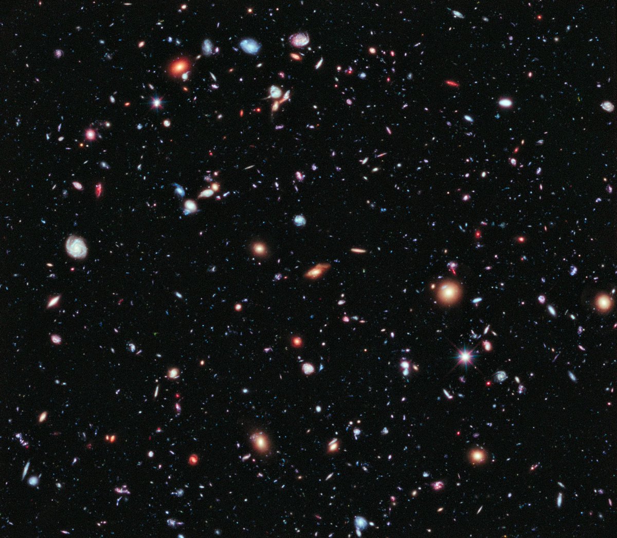 estelsiplanetes's tweet photo. Aquesta és la famosa imatge anomenada de Camp Ultra Profund, que va fer el telescopi espacial Hubble acumulant llum d'una petita regió del cel amb fotos capturades durant 10 anys.
5.500 galàxies en un fragment del cel que té la desena part de la mida visual de la Lluna!
Algunes de les galàxies que hi apareixen van emetre la seva llum fa més de 13.400 milions d'anys.