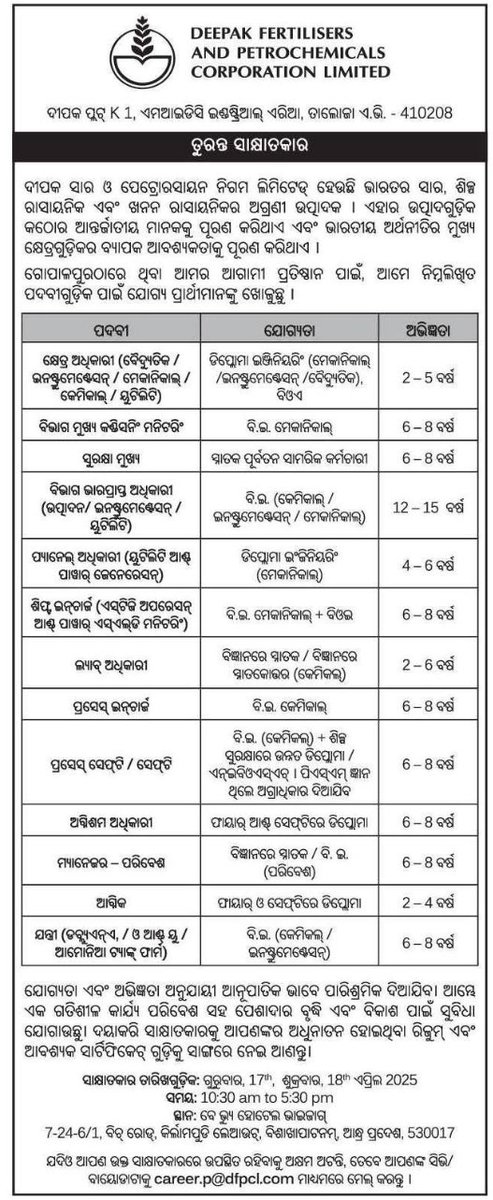 PatnaikAmi's tweet photo. Recruitment/ Jobs in and around Gopalpur/ Brahmapur Odisha published in leading odia newspapers... Deepak Fertilizers &amp; Petrochemicals limited, Gopalpur, TATA NTTF, Narendrapur &amp; Implementation of Research projects of JNMC W&amp;CD, Belagavi  in Brahmapur, Odisha https://t.co/ItAFJc4Ohy