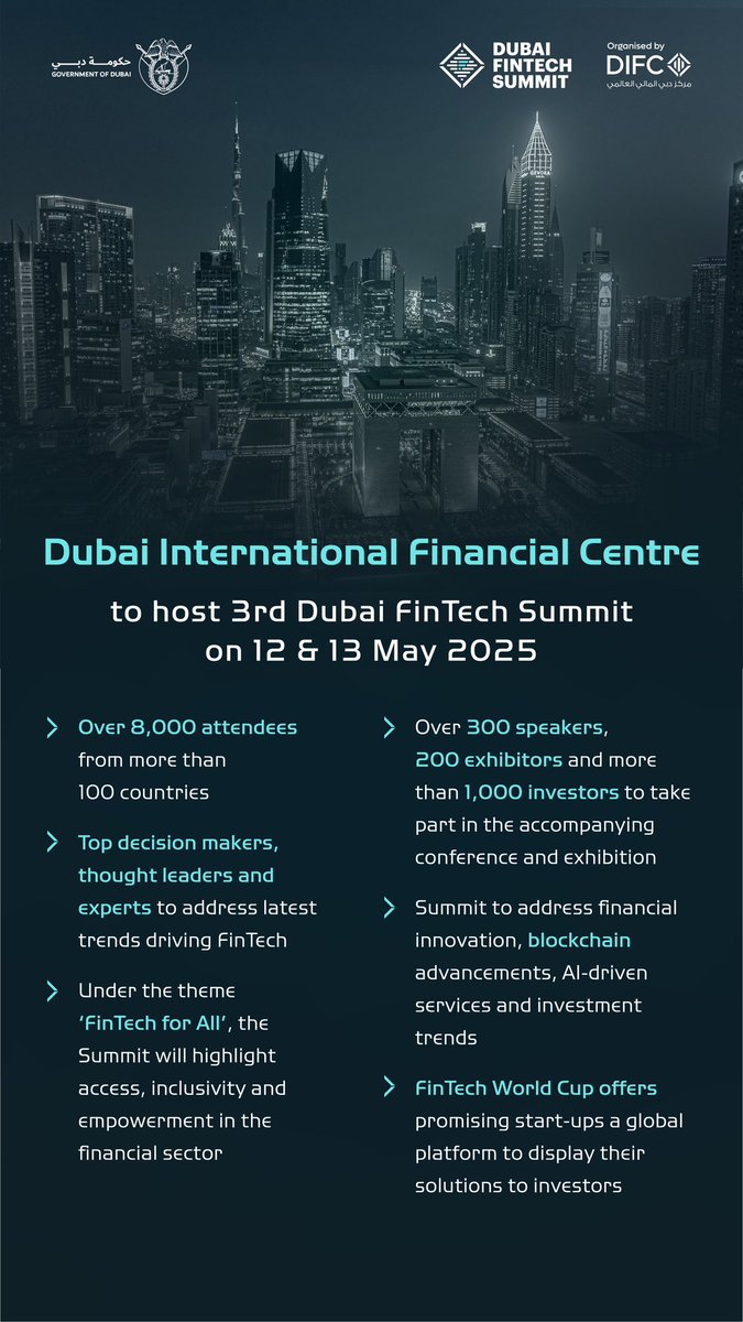 MaktoumMohammed's tweet photo. The UAE will host the Dubai FinTech Summit this May, bringing together over 8,000 leaders and experts from 100 countries. This global gathering reflects the Dubai International Financial Centre’s position as a leading financial hub.
The Summit embodies the vision of His Highness Sheikh Mohammed bin Rashid Al Maktoum of establishing Dubai as a global financial powerhouse.
Dubai continues to reaffirm its commitment to providing an environment that attracts talent and investment, while fostering strategic partnerships that further strengthen its status as a leading global destination for financial technology.