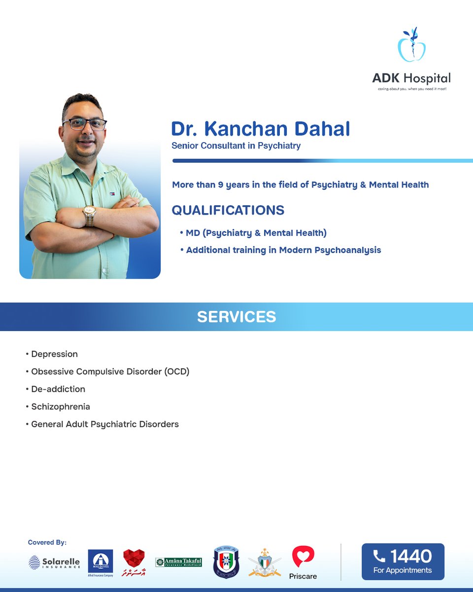 ADKHospital's tweet photo. Meet Dr. Kanchan, Our Senior Consultant in Psychiatry.
Please contact 1440 for appointments.
#TeamADK #MeetTheDoc #ADKHospital https://t.co/4y0Rpbozbq