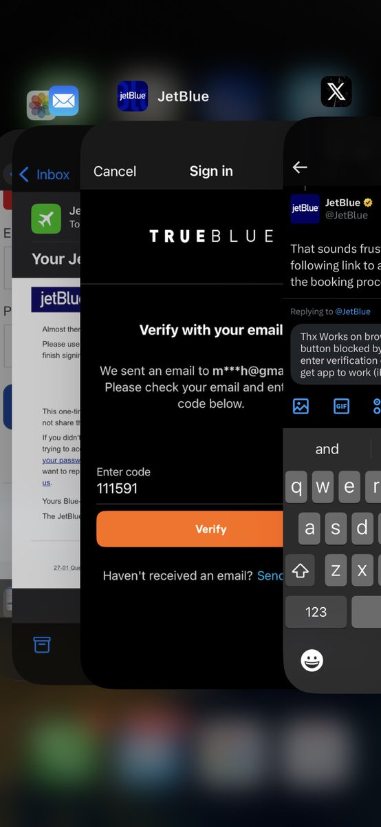 jmaar's tweet photo. @JetBlue Thx Works on browser, not on app.  VERIFY button blocked by the keypad popup when I enter verification code from email.  It’s there when I switch apps, just covered when app comes full. Tried 10-15 times 

How do I get app to work (iPhone 13 Pro)? https://t.co/9Bf37t4ieC