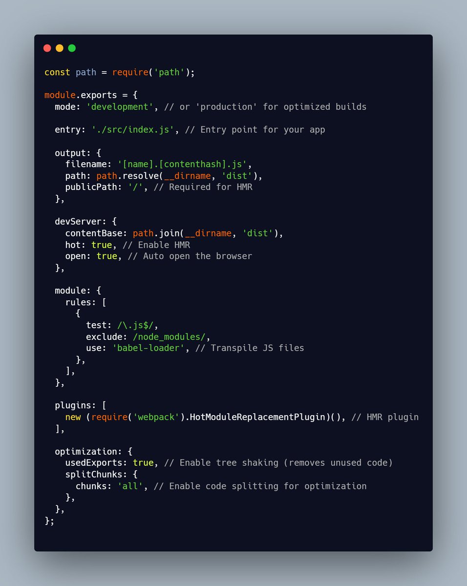 _Sagarika_Sahoo's tweet image. 🎯Day 4/7: HMR, Code Splitting, Tree Shaking &amp;amp; Optimization
Checkout the notes &amp;amp; sample config below! 👇🏻
Happy bundling! ✌🏻
#webpack