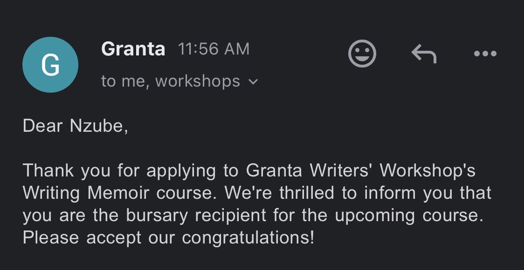 I’m truly grateful for the gift to be a part of this year’s <a href="/GrantaMag/">Granta</a> Writers’ Writing Workshop (Memoir). I’m still reeling! Grateful to Emily Unwin, as well as all the beautiful people in my life who nudge me to push further. As always, this is to the greater glory of God.