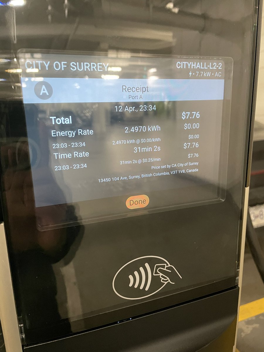NavNand's tweet photo. Is there a tariff on charging now? Or is this highway robbery? @CityofSurrey

Looks like someone messed up as this charger is charging at $27/hr.

How will refunds be issued, I just saw a note someone was charged $168.00 https://t.co/xTMOFXazV2